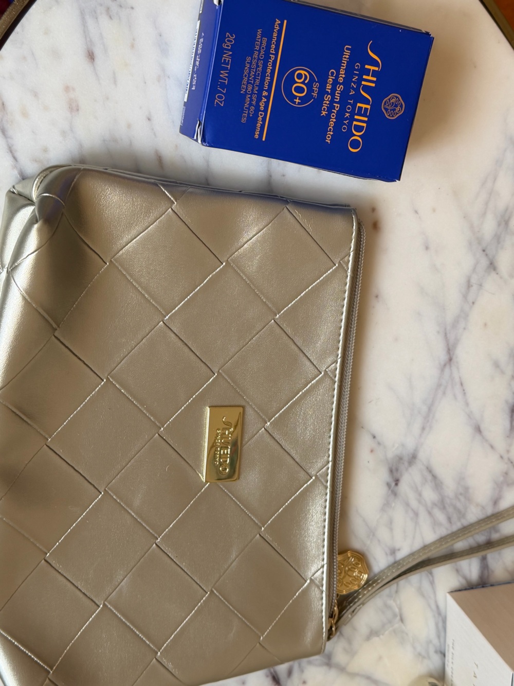 Shiseido SPF 60+ Clear Sunscreen Stick + Gold Woven Cosmetic Bag